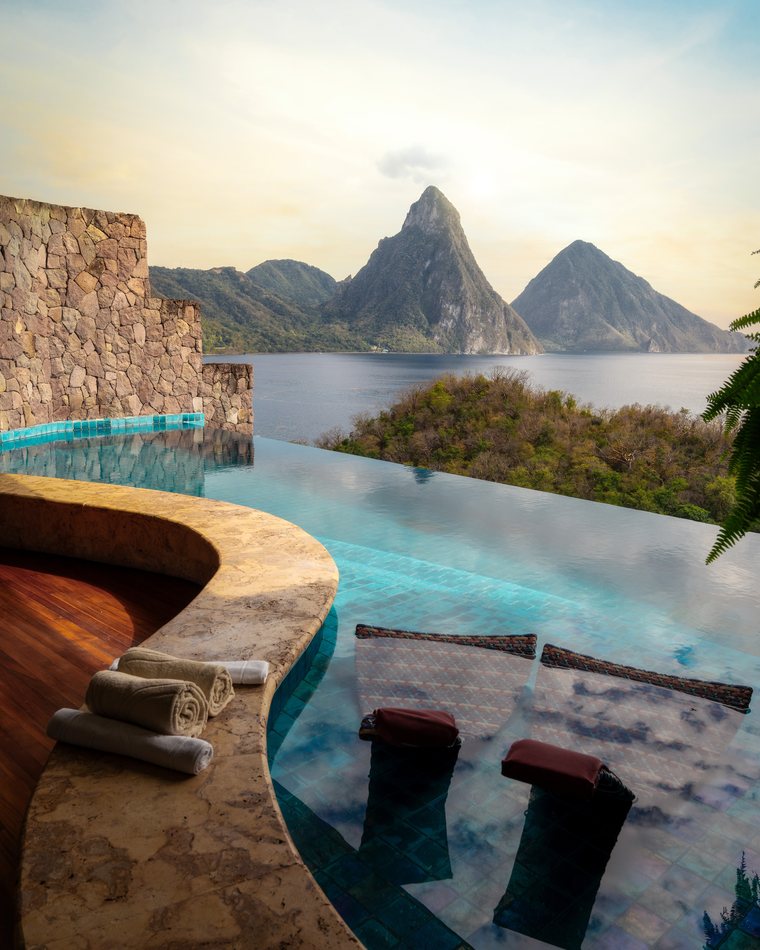 An infinity pool looking out at the Pitons.