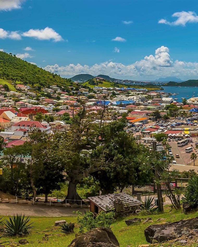 Colorful houses spilling down the hills to Marigot bay.